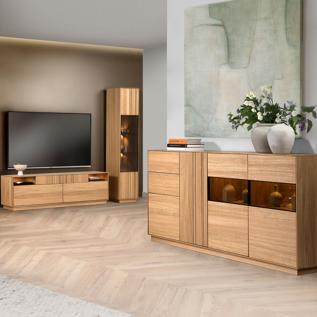 Armário expositor em carvalho mel JOIN 10, 40×40×195 cm | VESKOR