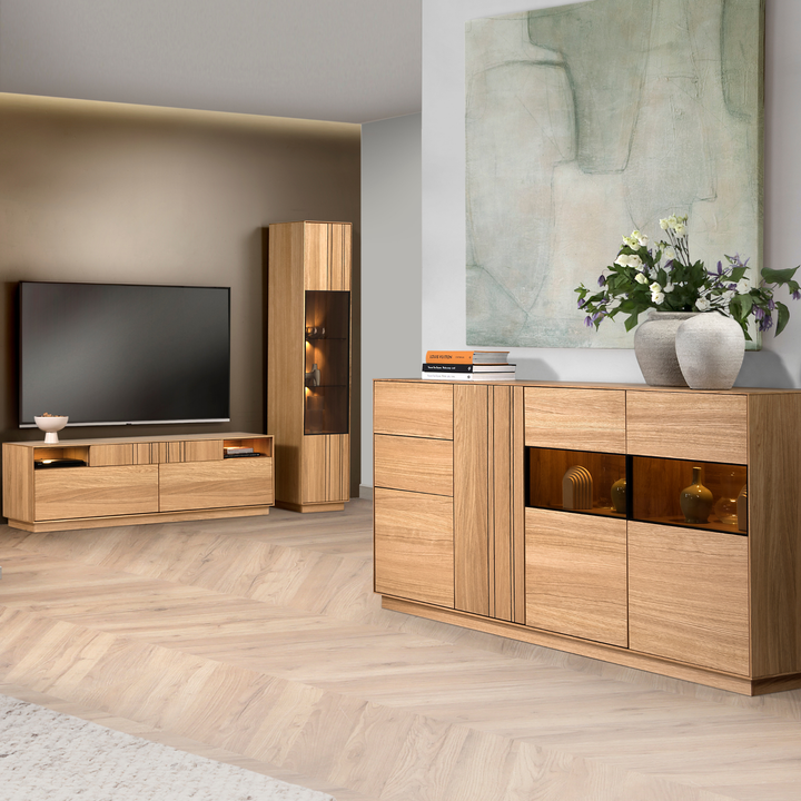 Armário expositor em carvalho mel JOIN 10, 40×40×195 cm | VESKOR