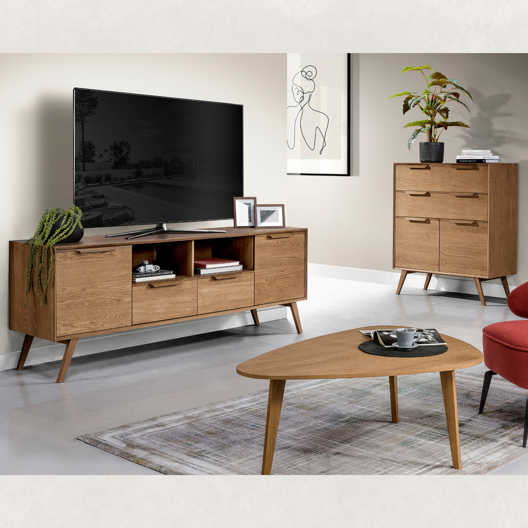 Suporte para TV em carvalho rústico LEO 25, 206,1x76x49,5 cm | VESKOR